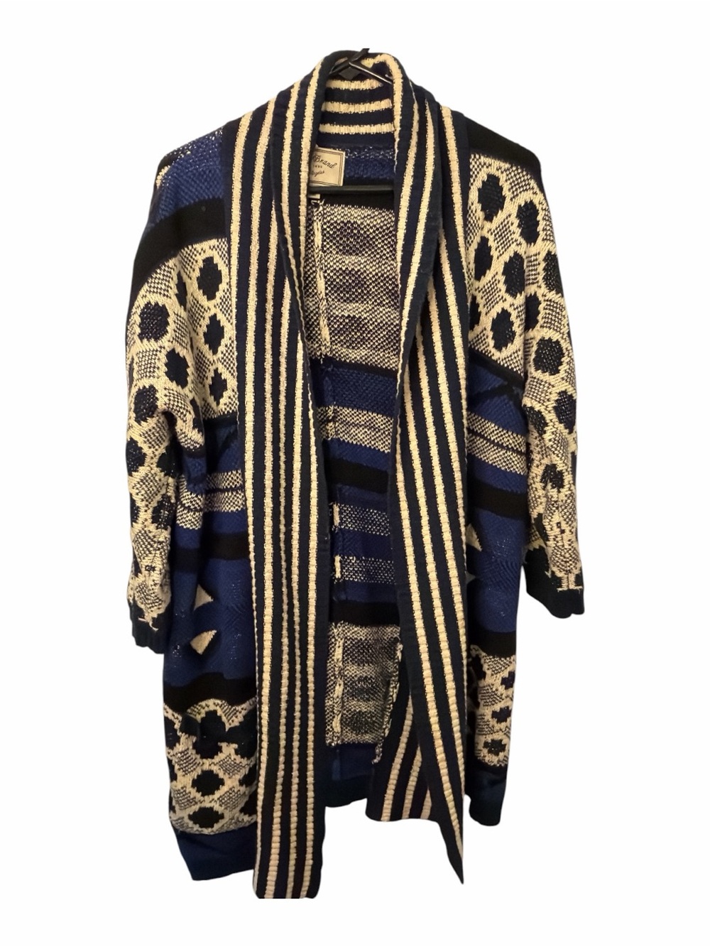 Lucky Brand Intarsia Tribal Print Longline Cardigan Blue Black Open Front